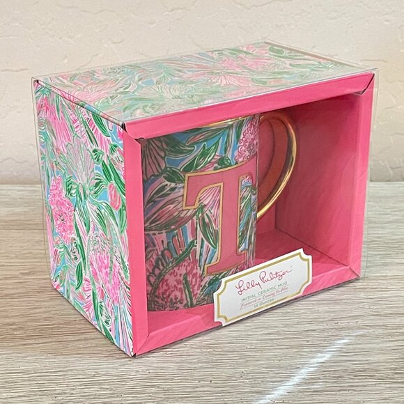 New Lilly Pulitzer Mug Cup Initial T Ceramic 14 Ounces NWT - Picture 3 of 4